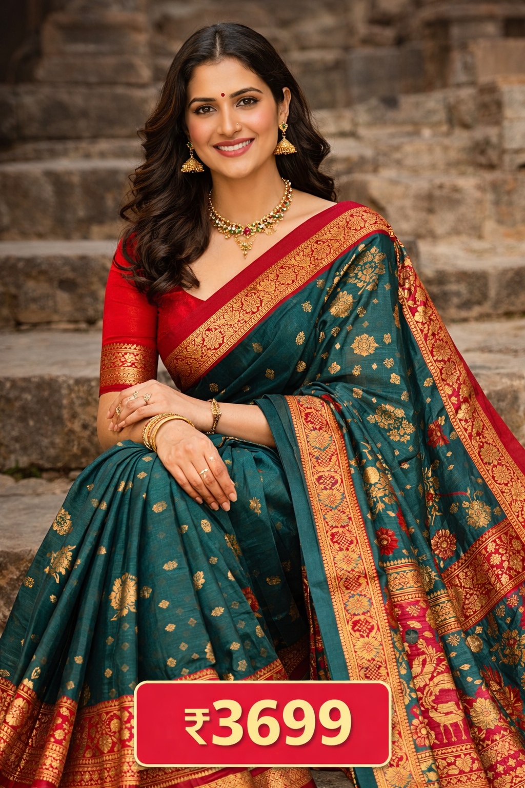 Banarasi Silk Blend Saree with Rich Zari Border – Teal Green & Maroon